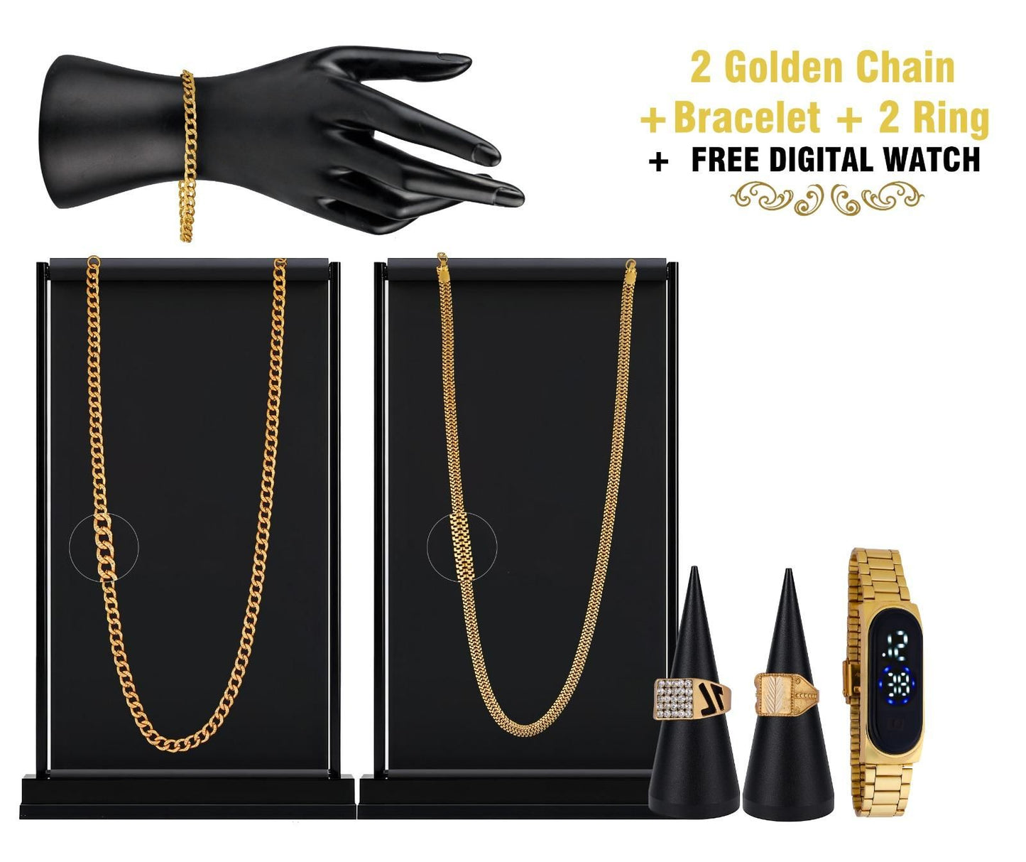 Luxury Combo Pack: 2 Chains, 1 Bracelet, 2 Rings + Free Digital Watch